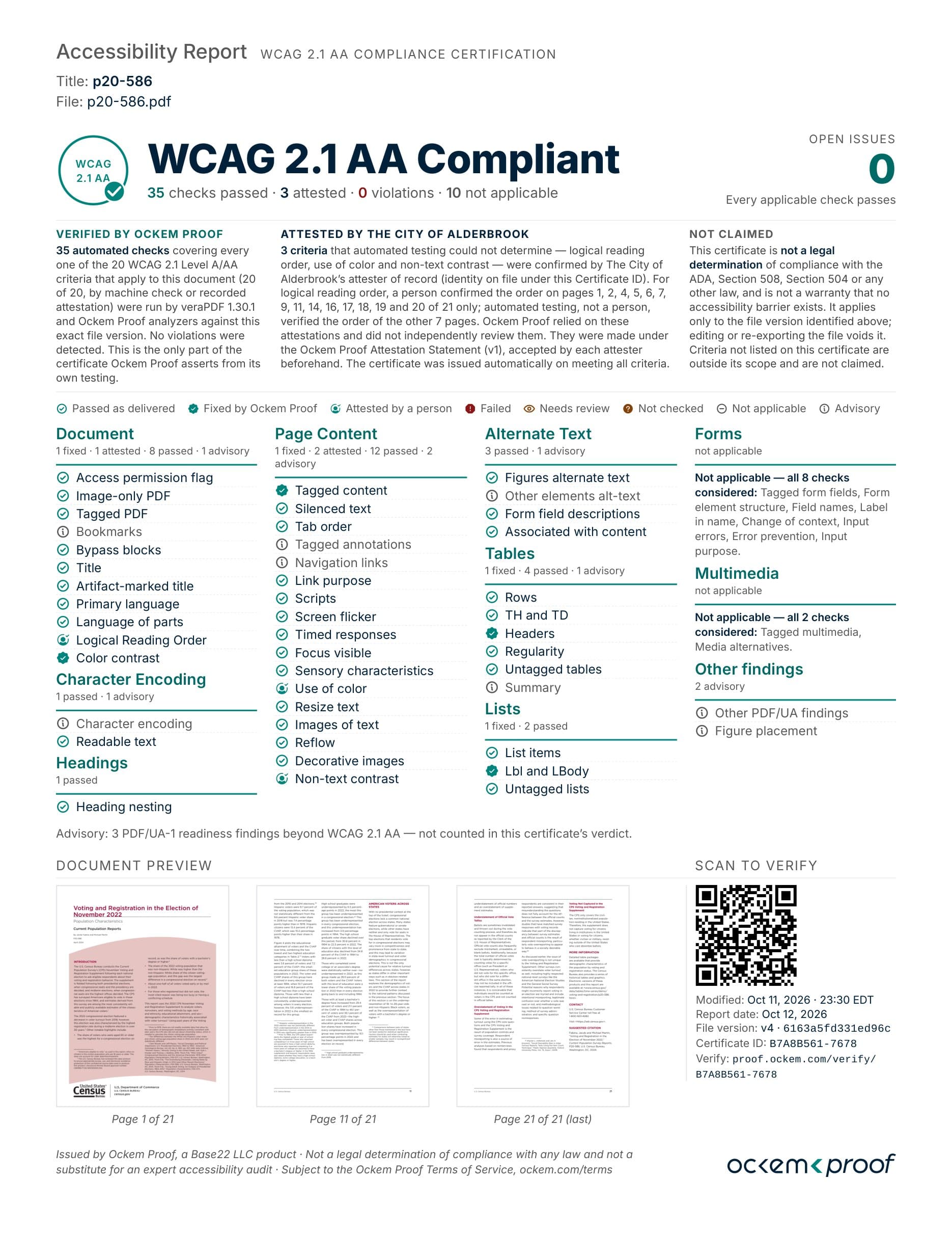 Ockem Proof certificate for p20-586.pdf: WCAG 2.1 AA Compliant, 35 checks passed, 3 attested, 0 violations, 10 not applicable, open issues 0.