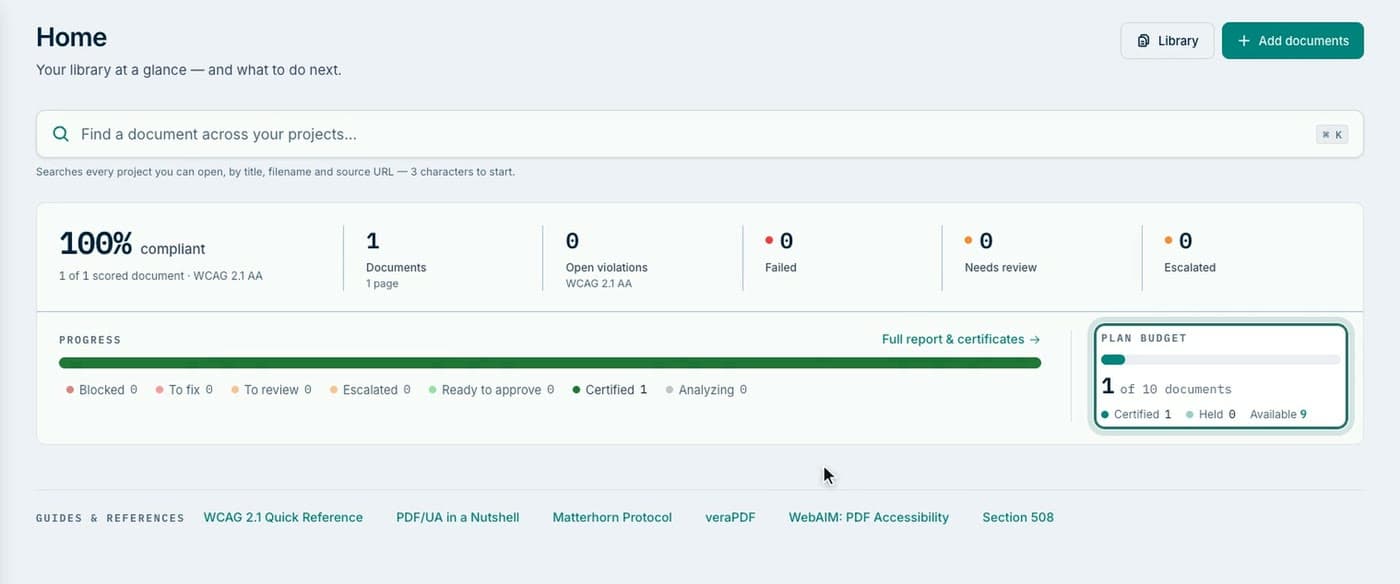 Proof’s home page for a finished library: 100% compliant, every document certified, no open violations.