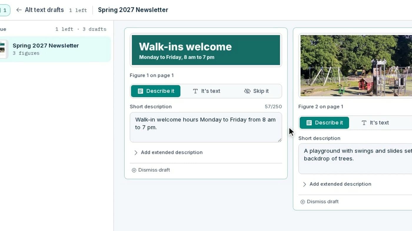 Proof’s alt-text drafts for a newsletter: each picture beside its AI-drafted description, with the choices Describe it, It’s text, or Skip it.