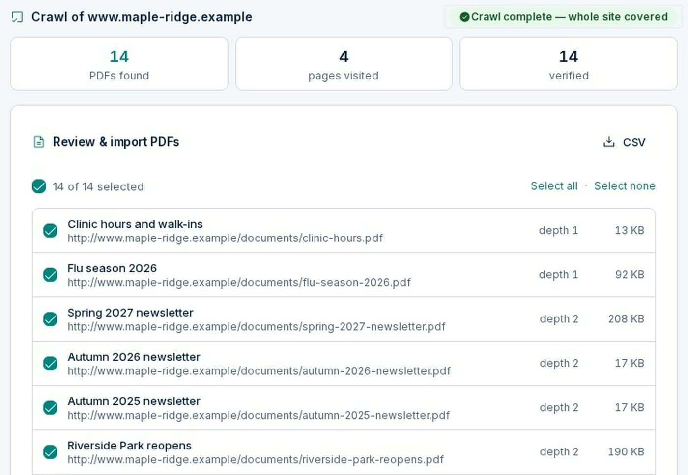 Proof’s crawl result for a sample website: 14 PDFs found, 4 pages visited, 14 verified, with the list to review and import.